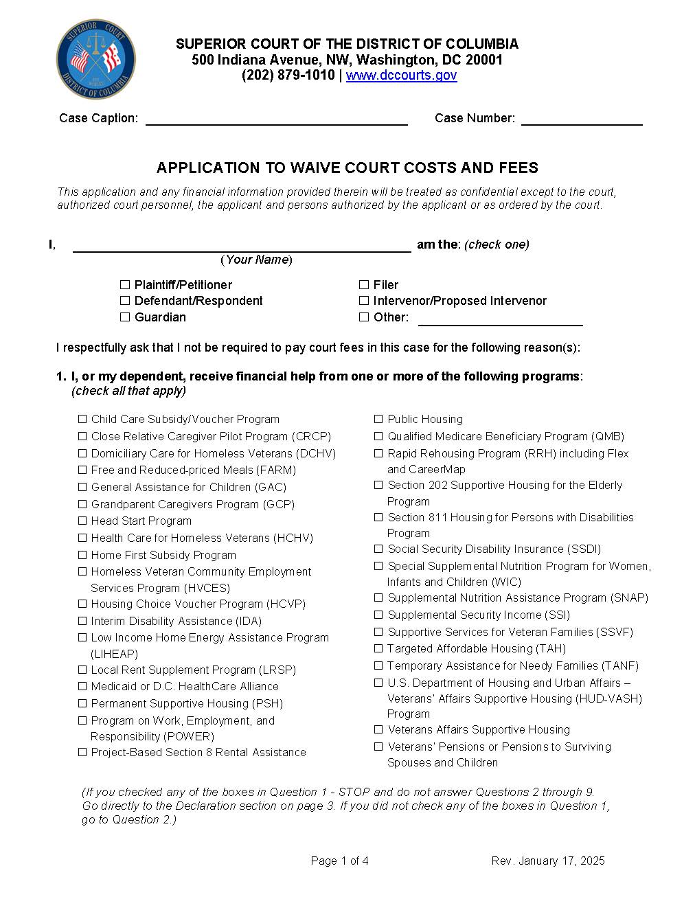 Application To Waive Court Costs And Fees | Pdf Fpdf Doc Docx | District Of Columbia