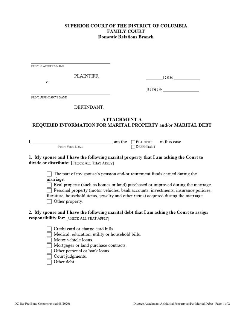 Attachment A (Required Information For Marital Property And Or Marital Debt) | Pdf Fpdf Doc Docx | District Of Columbia