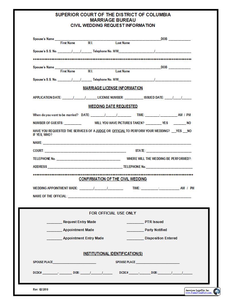 Civil Wedding Request Information | Pdf Fpdf Docx | District Of Columbia
