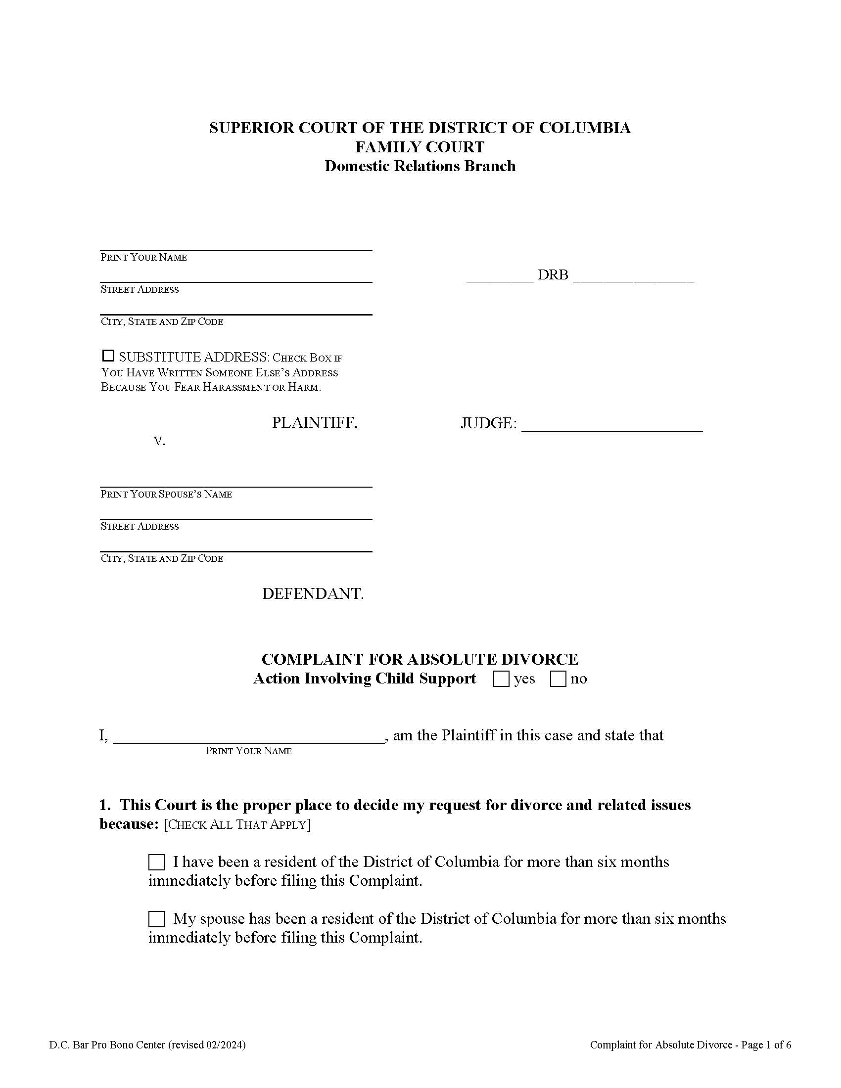 Complaint For Absolute Divorce | Pdf Fpdf Doc Docx | District Of Columbia