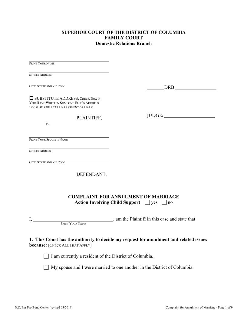 Complaint For Annulment Of Marriage | Pdf Fpdf Doc Docx | District Of Columbia