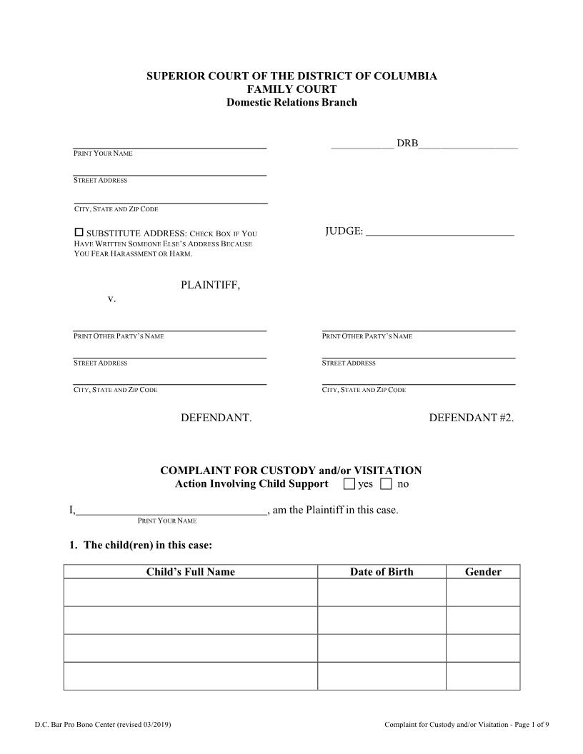 Complaint For Custody And Or Visitation | Pdf Fpdf Doc Docx | District Of Columbia