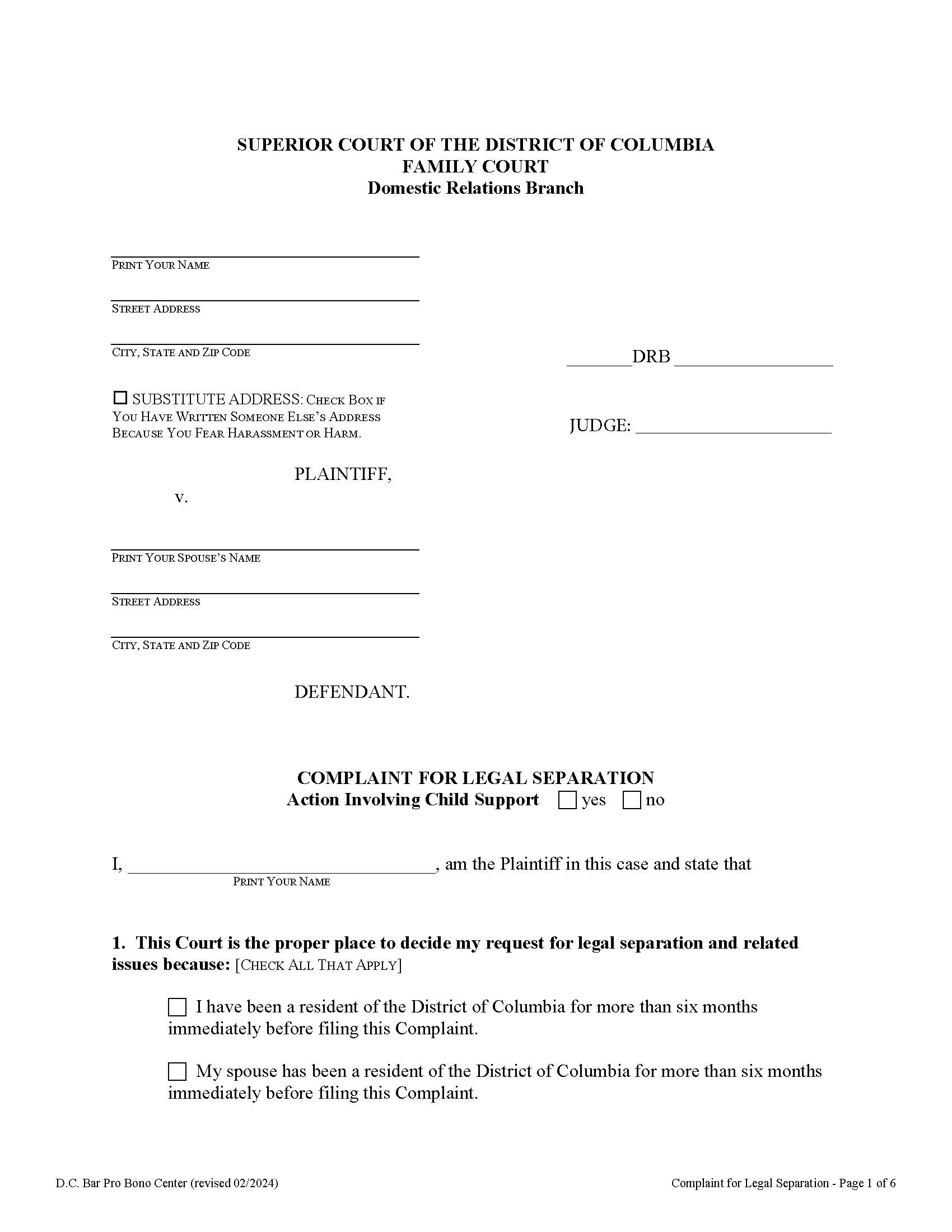 Complaint For Legal Separation | Pdf Fpdf Doc Docx | District Of Columbia