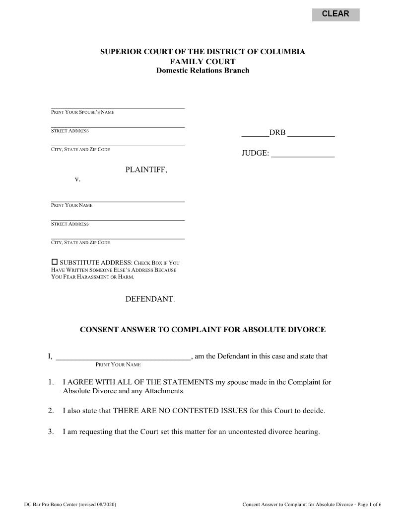 Consent Answer To Complaint For Absolute Divorce | Pdf Fpdf Doc Docx | District Of Columbia