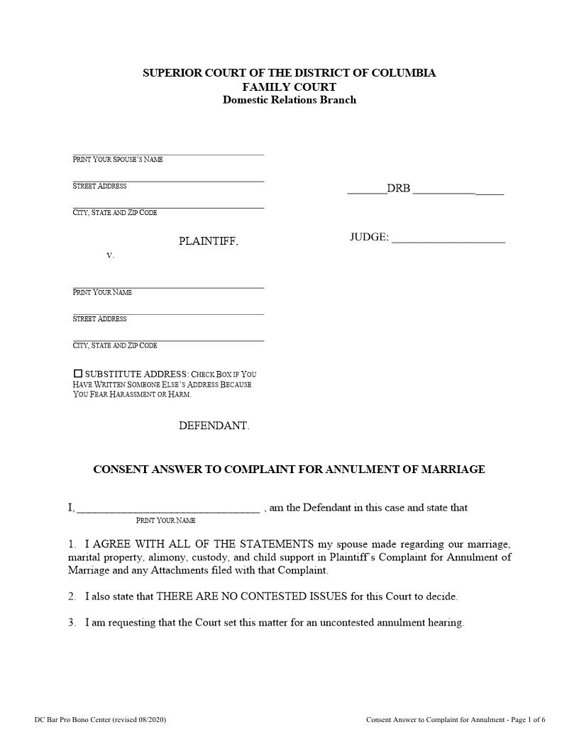 Consent Answer To Complaint For Annulment Of Marriage | Pdf Fpdf Docx | District Of Columbia