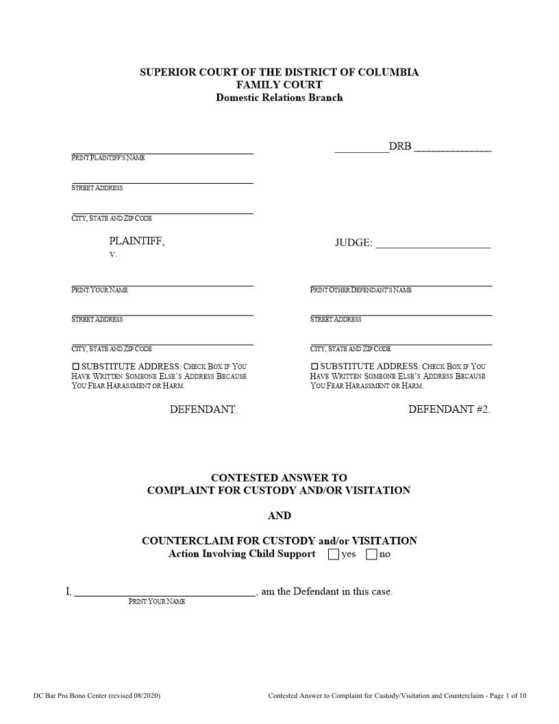 Contested Answer To Complaint For Custody And Or Visitation | Pdf Fpdf Doc Docx | District Of Columbia
