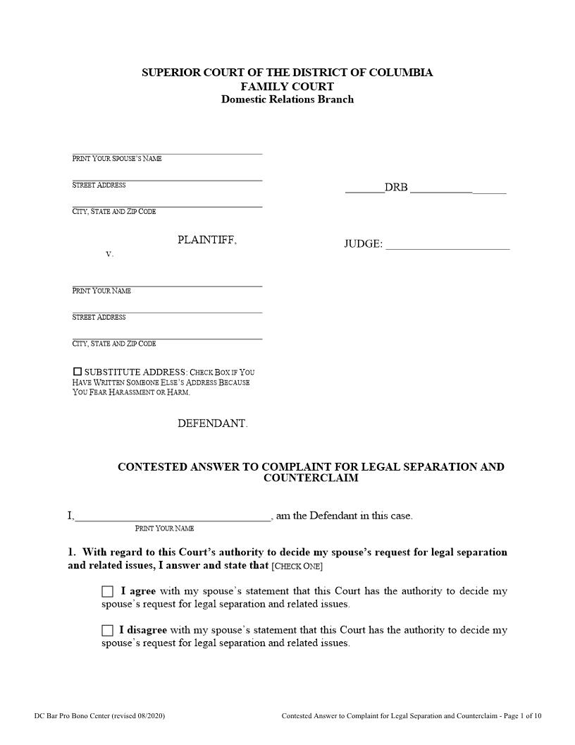 Contested Answer To Complaint For Legal Separation And Counterclaim | Pdf Fpdf Doc Docx | District Of Columbia
