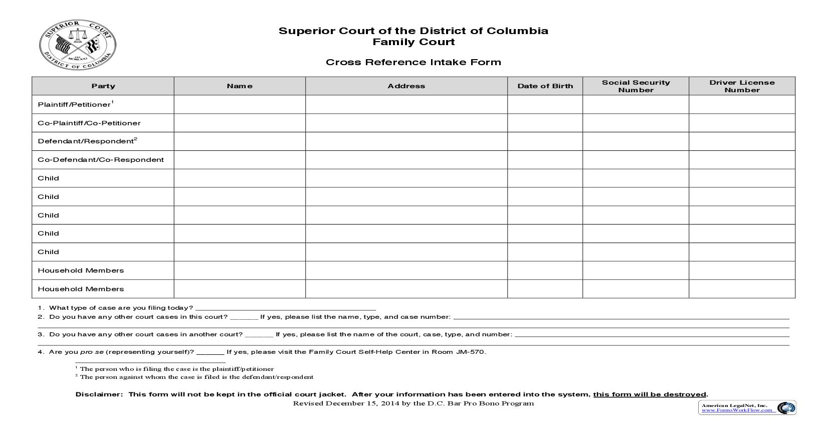 Cross Reference Intake Form | Pdf Fpdf Doc Docx | District Of Columbia