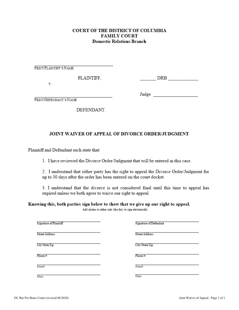 Joint Waiver Of Appeal Of Divorce Order Judgment | Pdf Fpdf Doc Docx | District Of Columbia