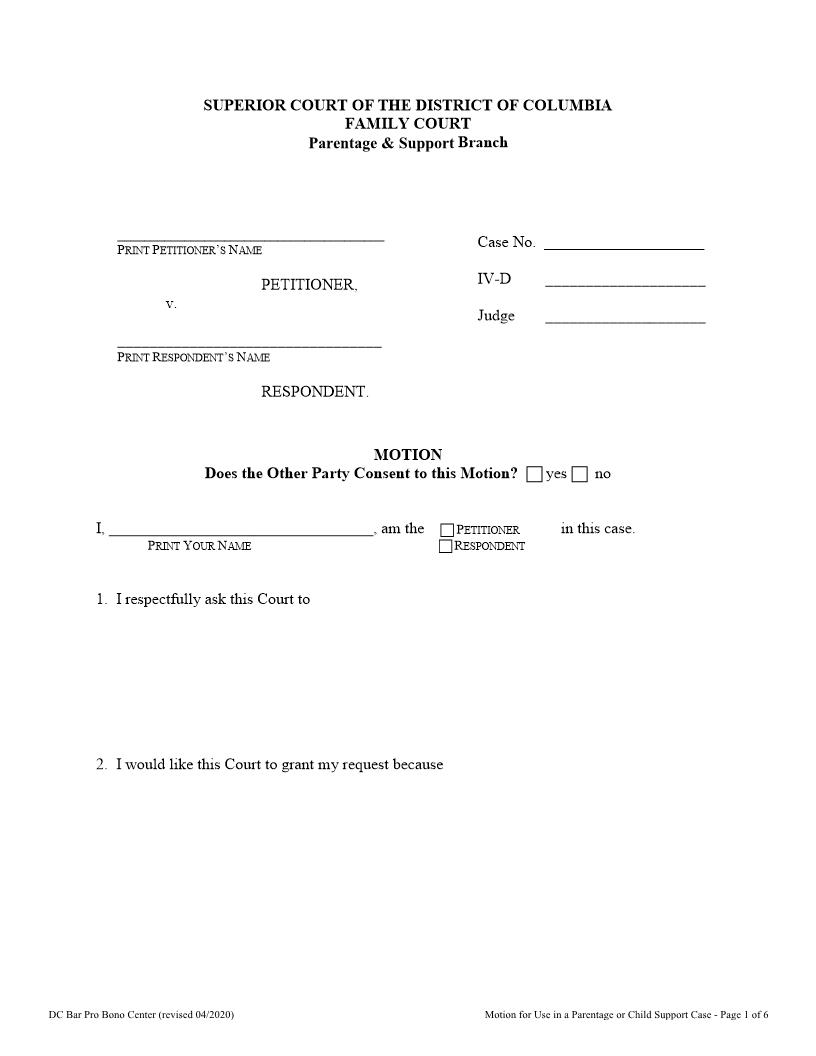 Motion (Paternity And Support Branch) | Pdf Fpdf Doc Docx | District Of Columbia