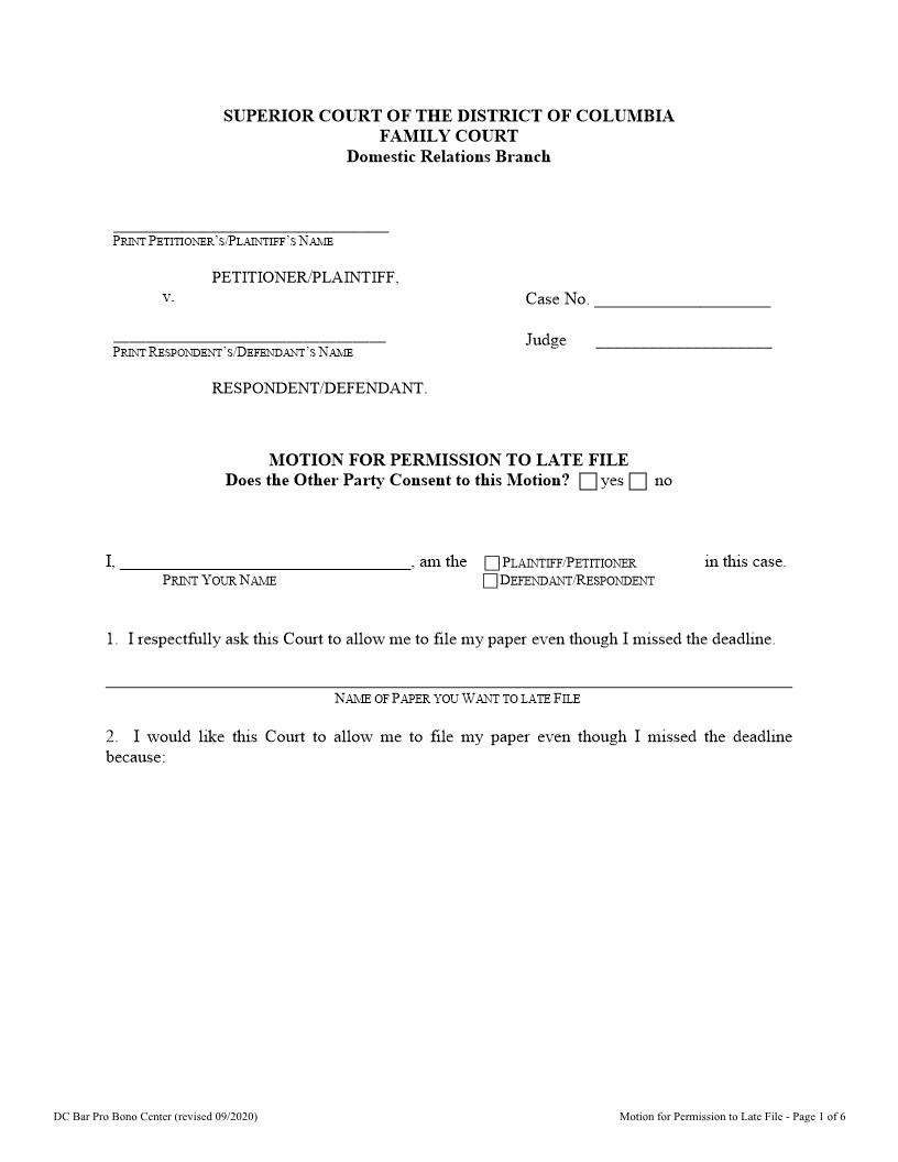 Motion For Permission To Late File | Pdf Fpdf Doc Docx | District Of Columbia
