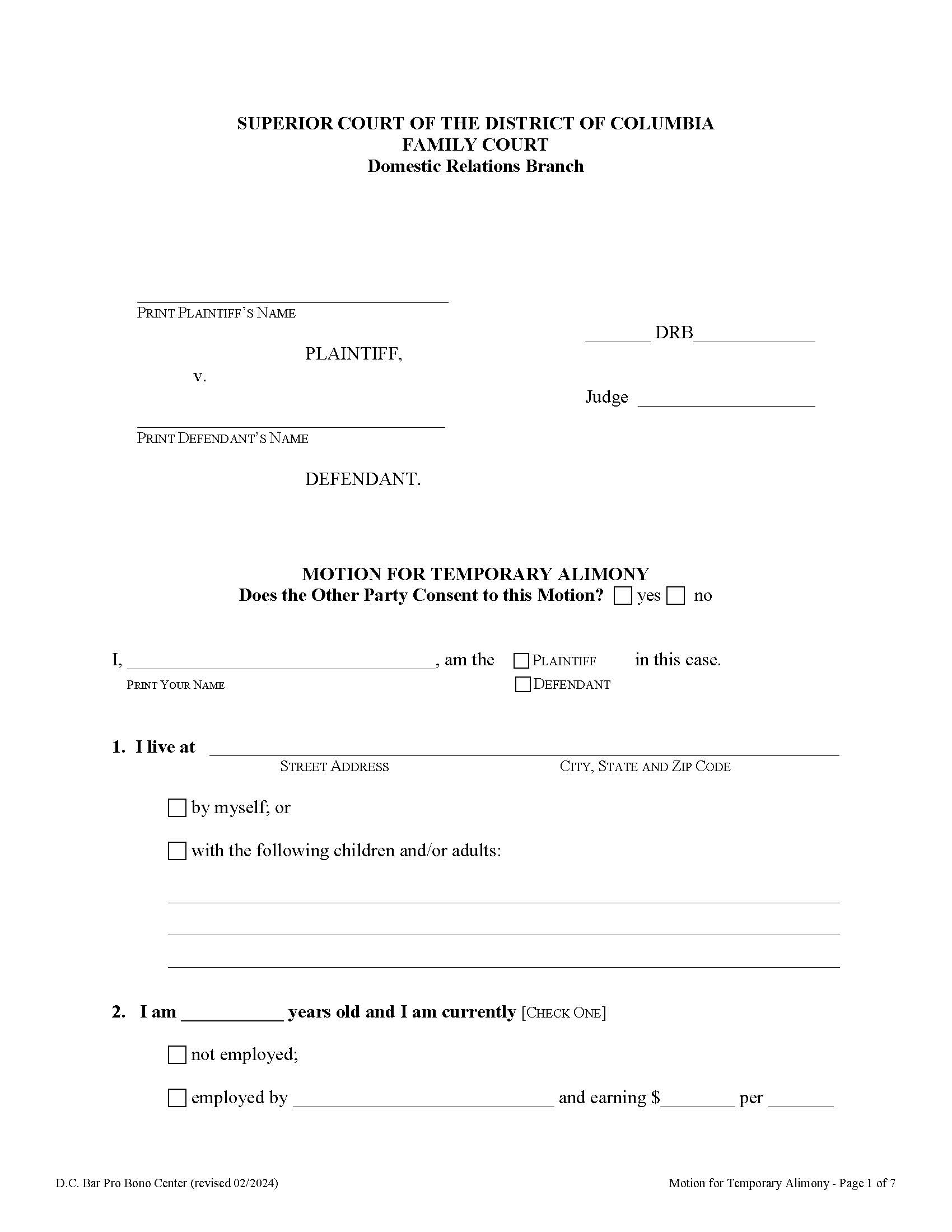 Motion For Temporary Alimony | Pdf Fpdf Doc Docx | District Of Columbia