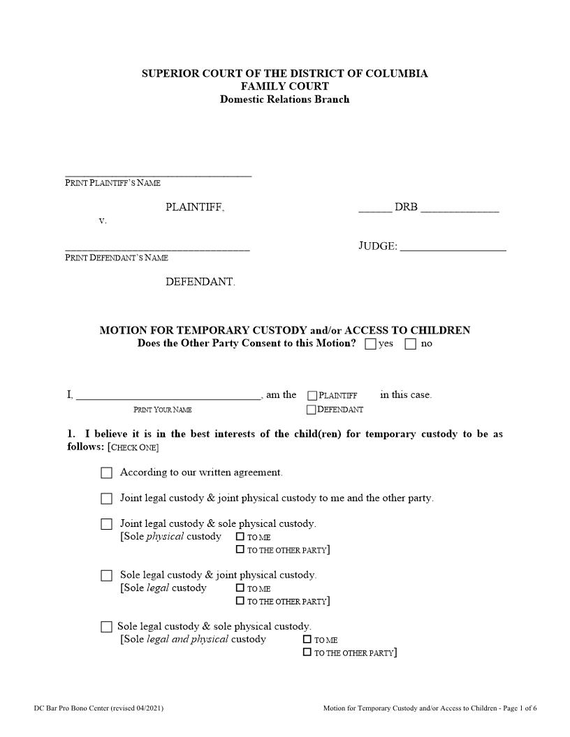 Motion For Temporary Custody | Pdf Fpdf Docx | District Of Columbia