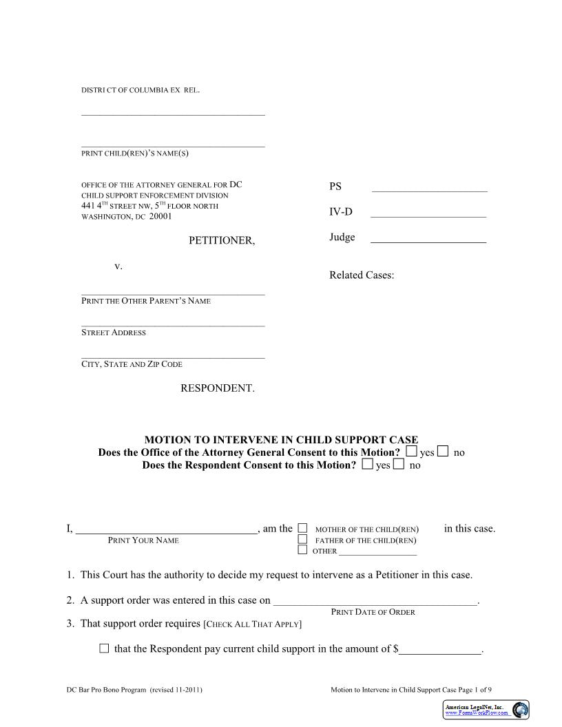 Motion To Intervene In Child Support Case | Pdf Fpdf Docx | District Of Columbia