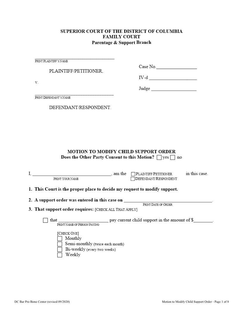 Motion To Modify Child Support Order | Pdf Fpdf Docx | District Of Columbia