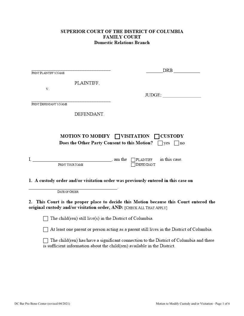 Motion To Modify Visitation Or Custody | Pdf Fpdf Doc Docx | District Of Columbia