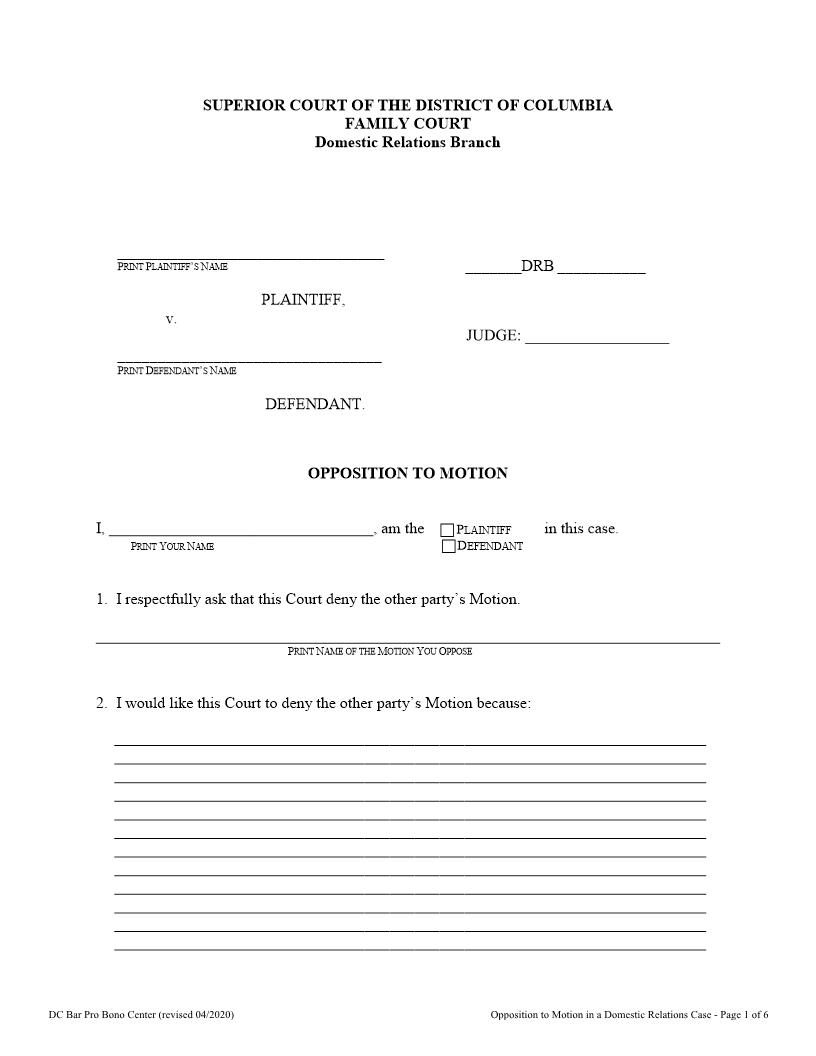 Opposition To Motion (Domestic Relations Branch) | Pdf Fpdf Doc Docx | District Of Columbia