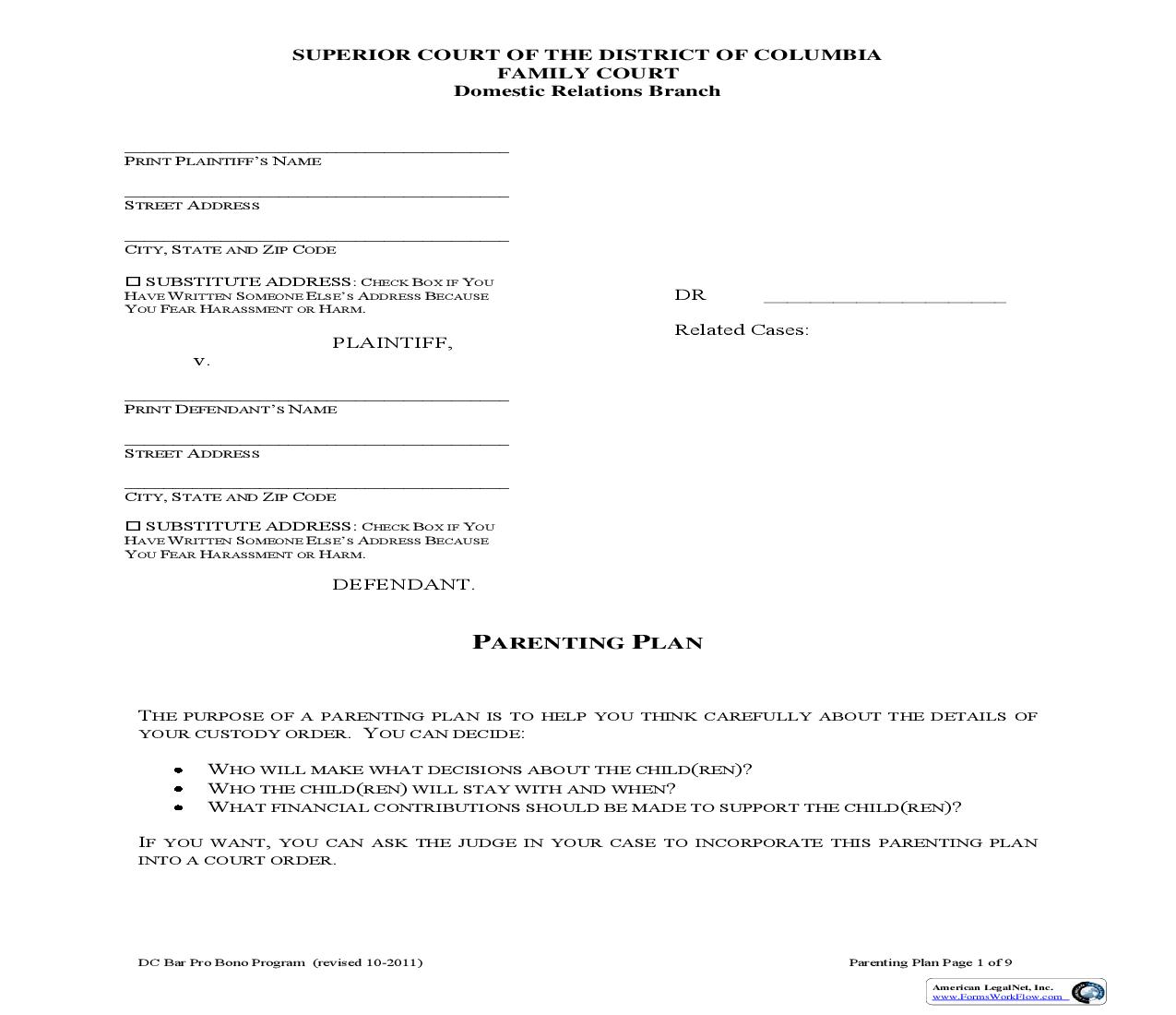 Parenting Plan | Pdf Fpdf Doc Docx | District Of Columbia