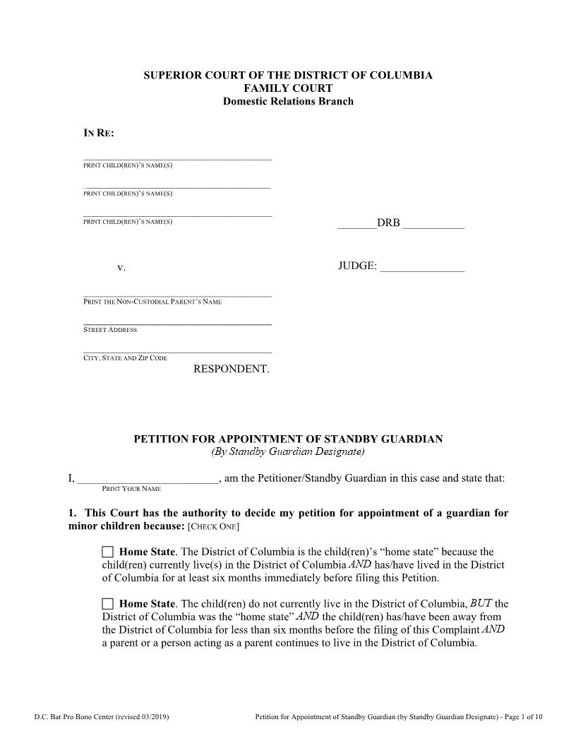 Petition For Appointment Of Standby Guardian | Pdf Fpdf Doc Docx | District Of Columbia