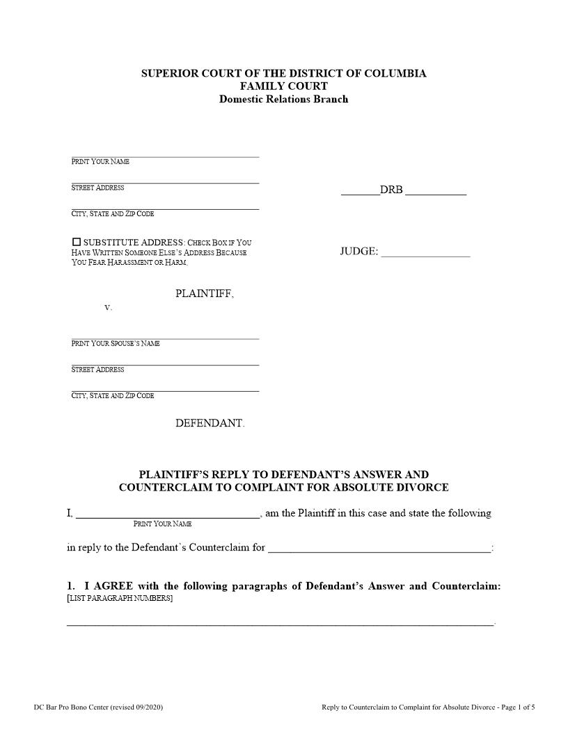 Plaintiffs Reply To Defendants Counterclaim For Absolute Divorce | Pdf Fpdf Docx | District Of Columbia