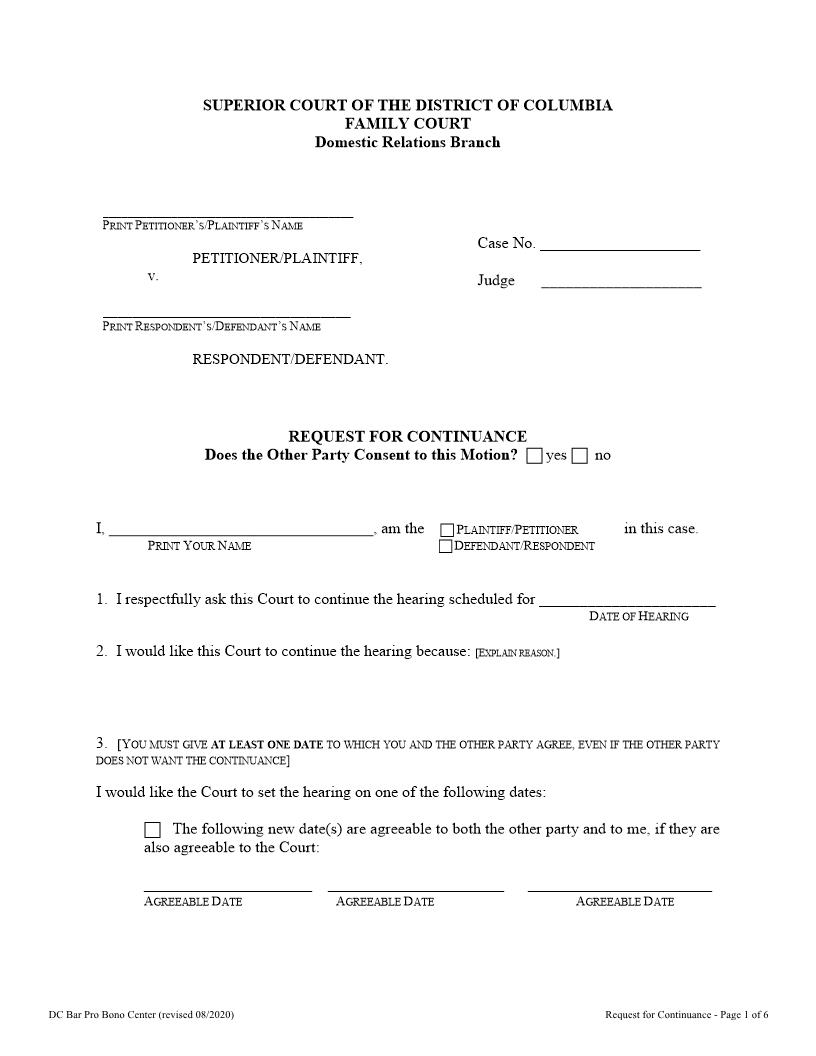 Request For Continuance | Pdf Fpdf Docx | District Of Columbia