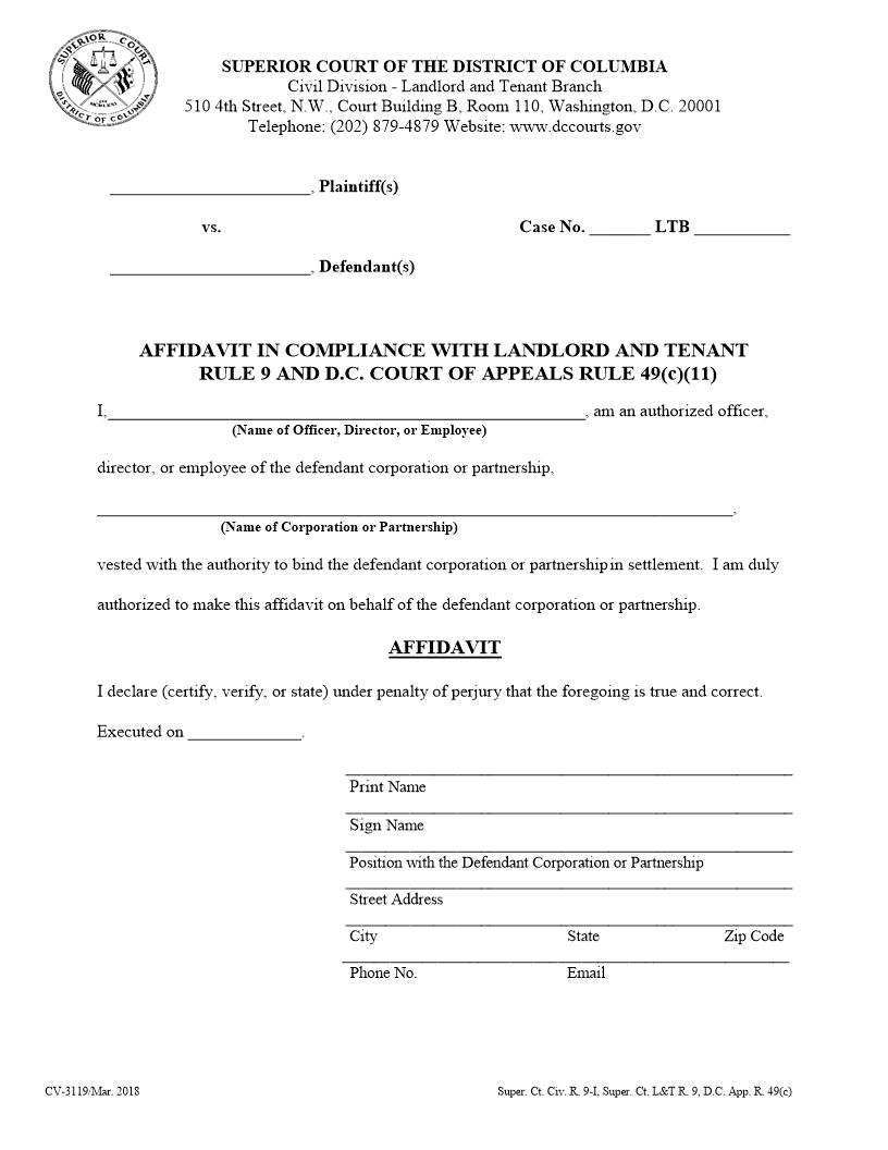 Affidavit In Compliance With Landlord And Tenant Rule 9 | Pdf Fpdf Docx | District Of Columbia
