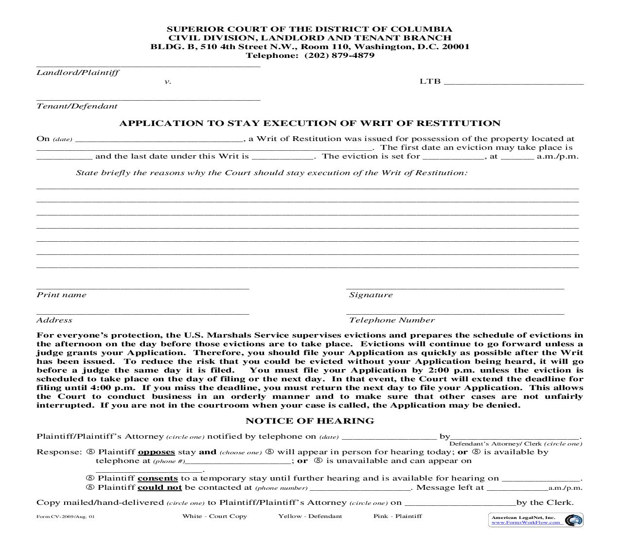 Application For Stay Of Execution Of Writ Restitution | Pdf Fpdf Doc Docx | District Of Columbia