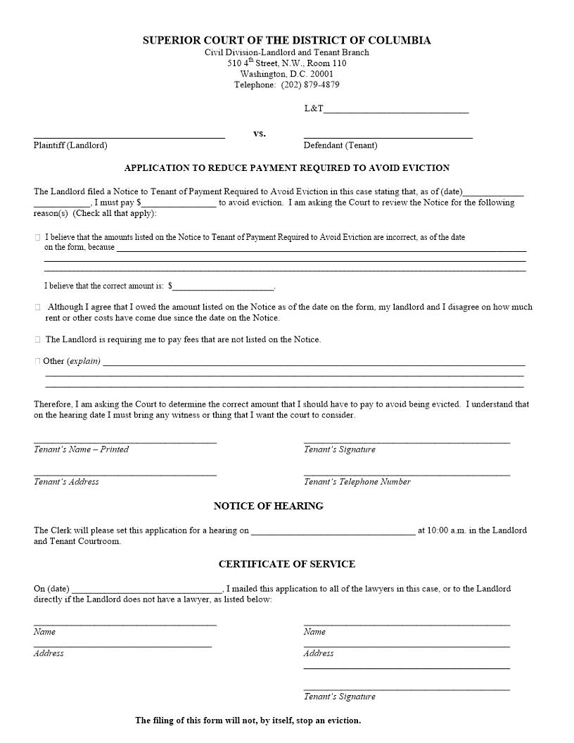 Application To Reduce Payment Required To Avoid Eviction | Pdf Fpdf Docx | District Of Columbia