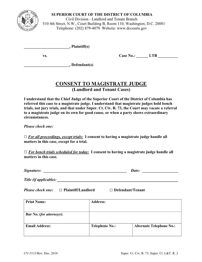 Consent To Magistrate Judge | Pdf Fpdf Docx | District Of Columbia