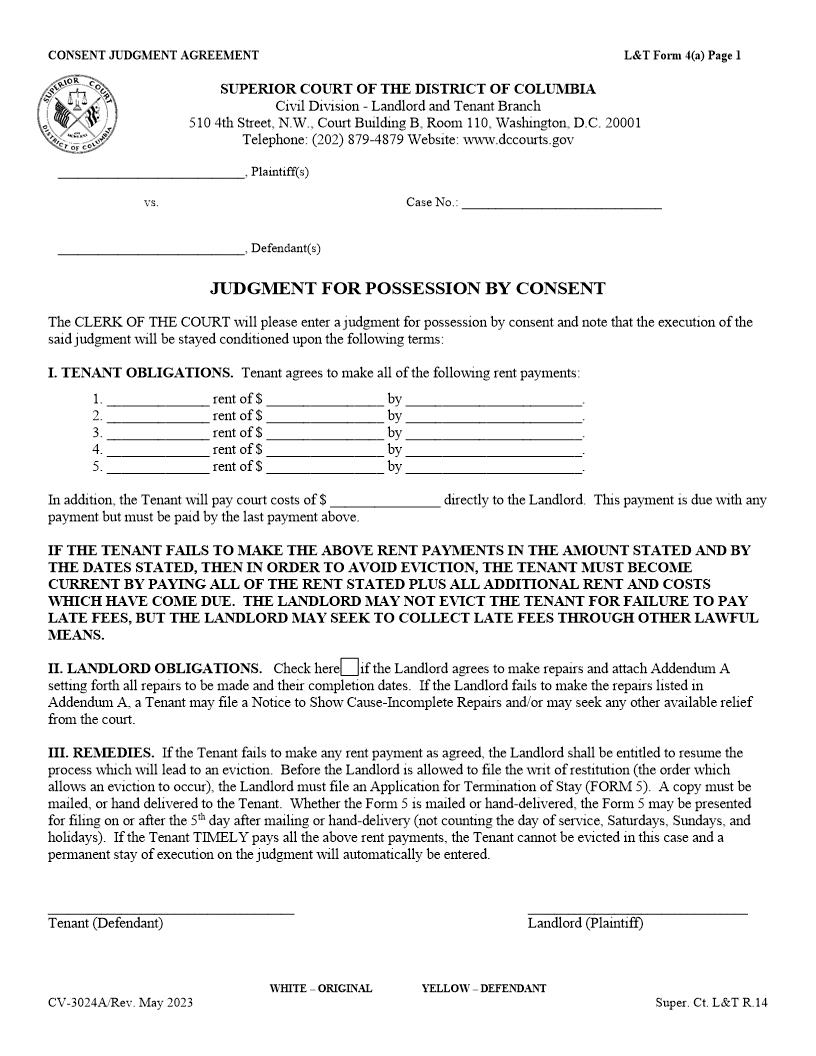 Judgment For Possession By Consent {4(a)} | Pdf Fpdf Doc Docx | District Of Columbia