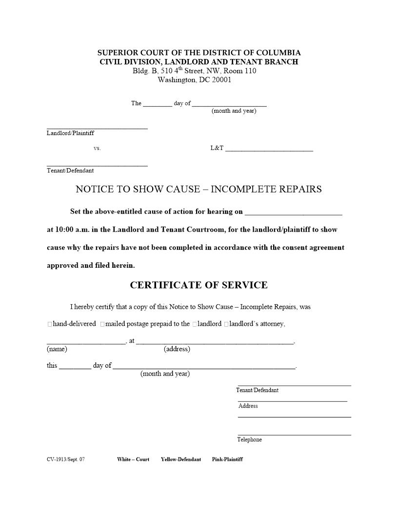 Notice To Show Cause Incomplete Repairs | Pdf Fpdf Docx | District Of Columbia
