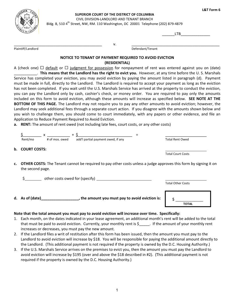Notice To Tenant Of Payment Required To Avoid Eviction {6} | Pdf Fpdf Doc Docx | District Of Columbia