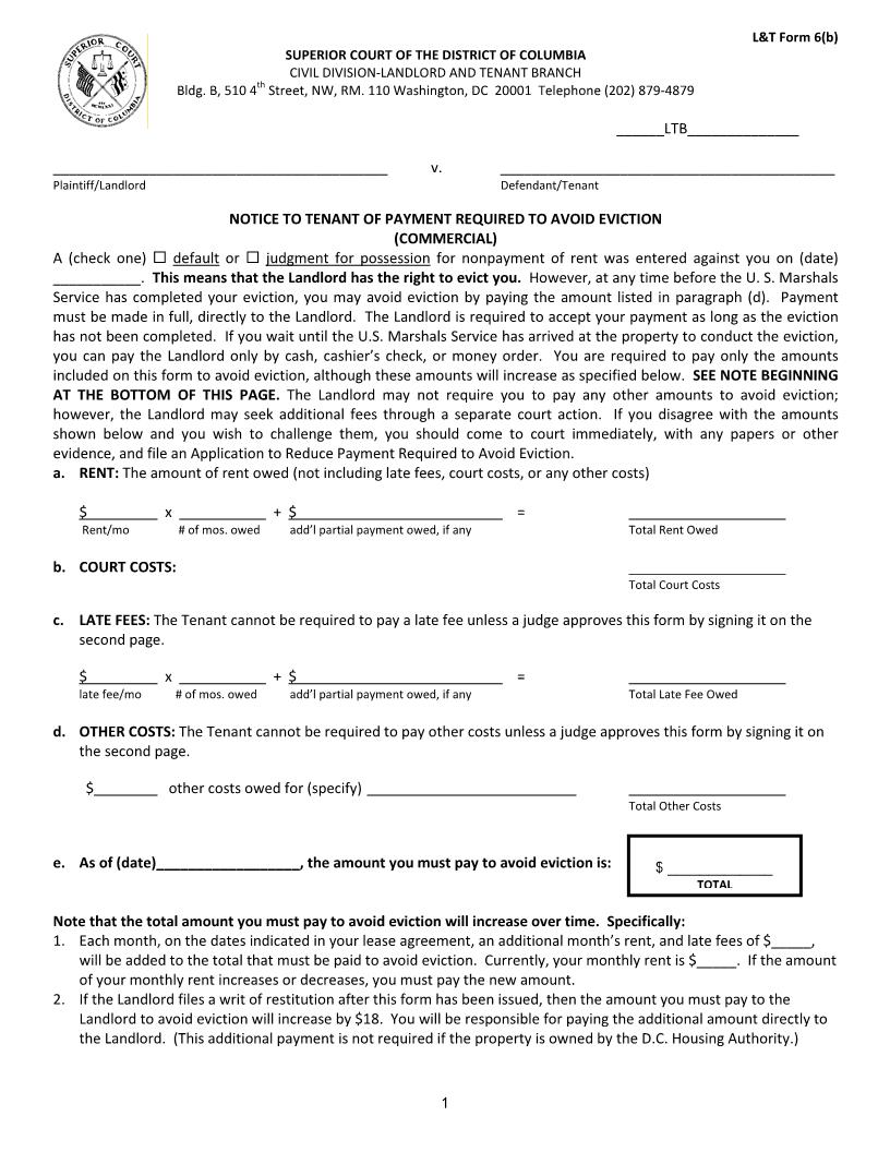 Notice To Tenant Of Payment Required To Avoid Eviction (Commercial) {6b} | Pdf Fpdf Docx | District Of Columbia
