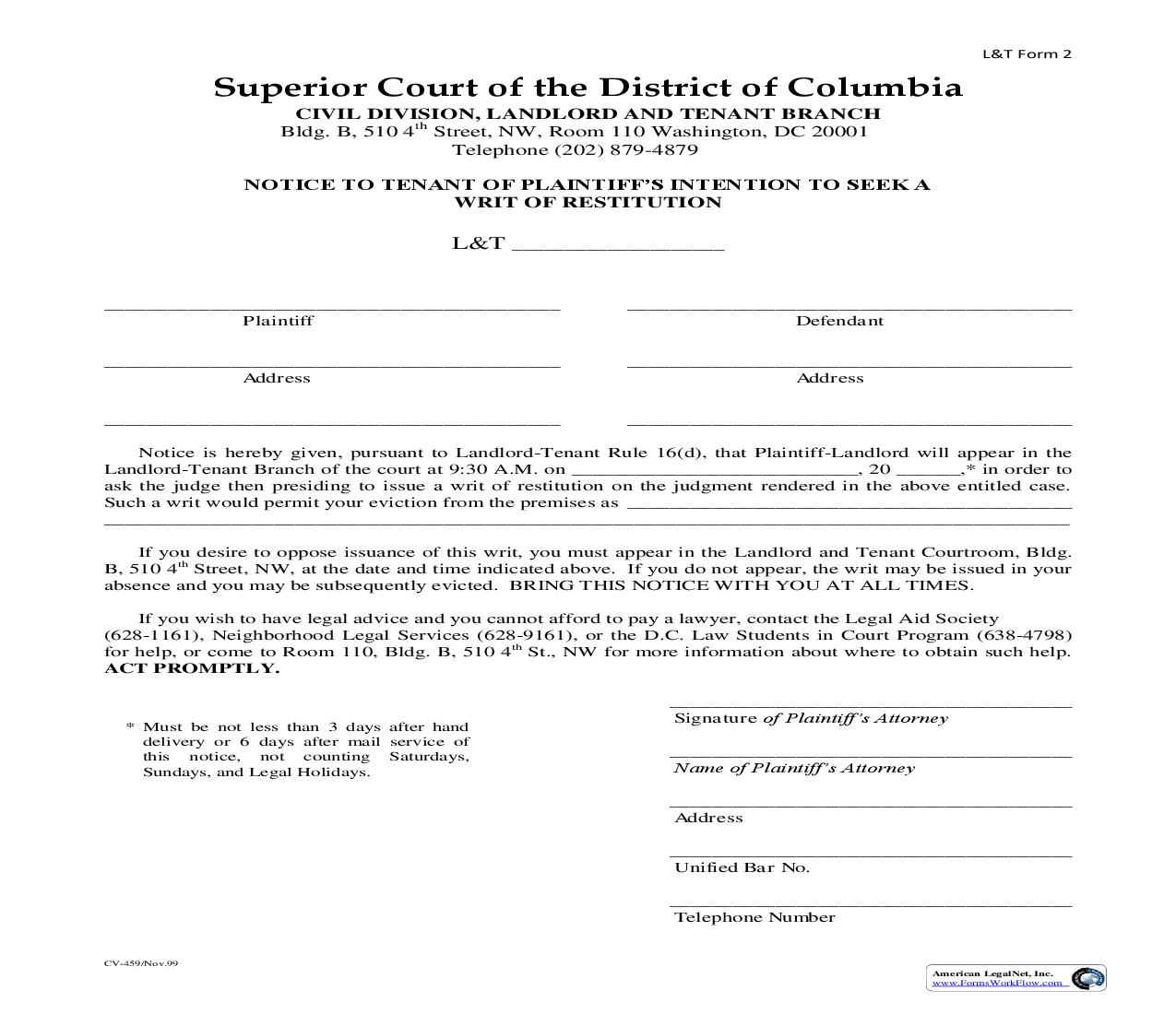 Notice To Tenant Of Plaintiff Intention To Seek A Writ Of Restitution | Pdf Fpdf Doc Docx | District Of Columbia