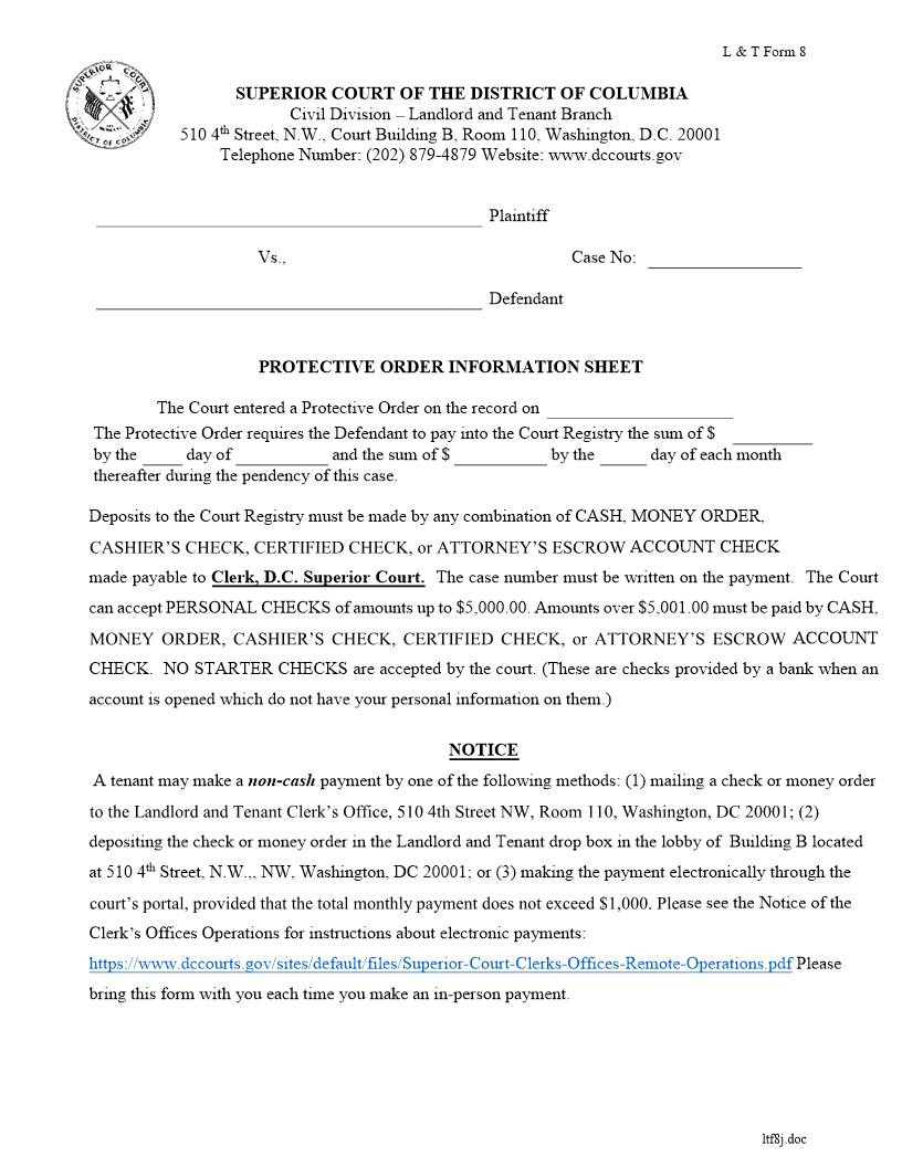 Protective Order Information Sheet (Judge) {8} | Pdf Fpdf Docx | District Of Columbia