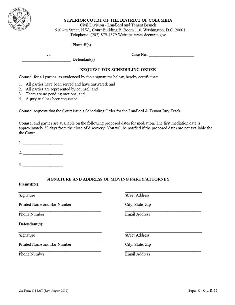 Request For Scheduling Order | Pdf Fpdf Docx | District Of Columbia