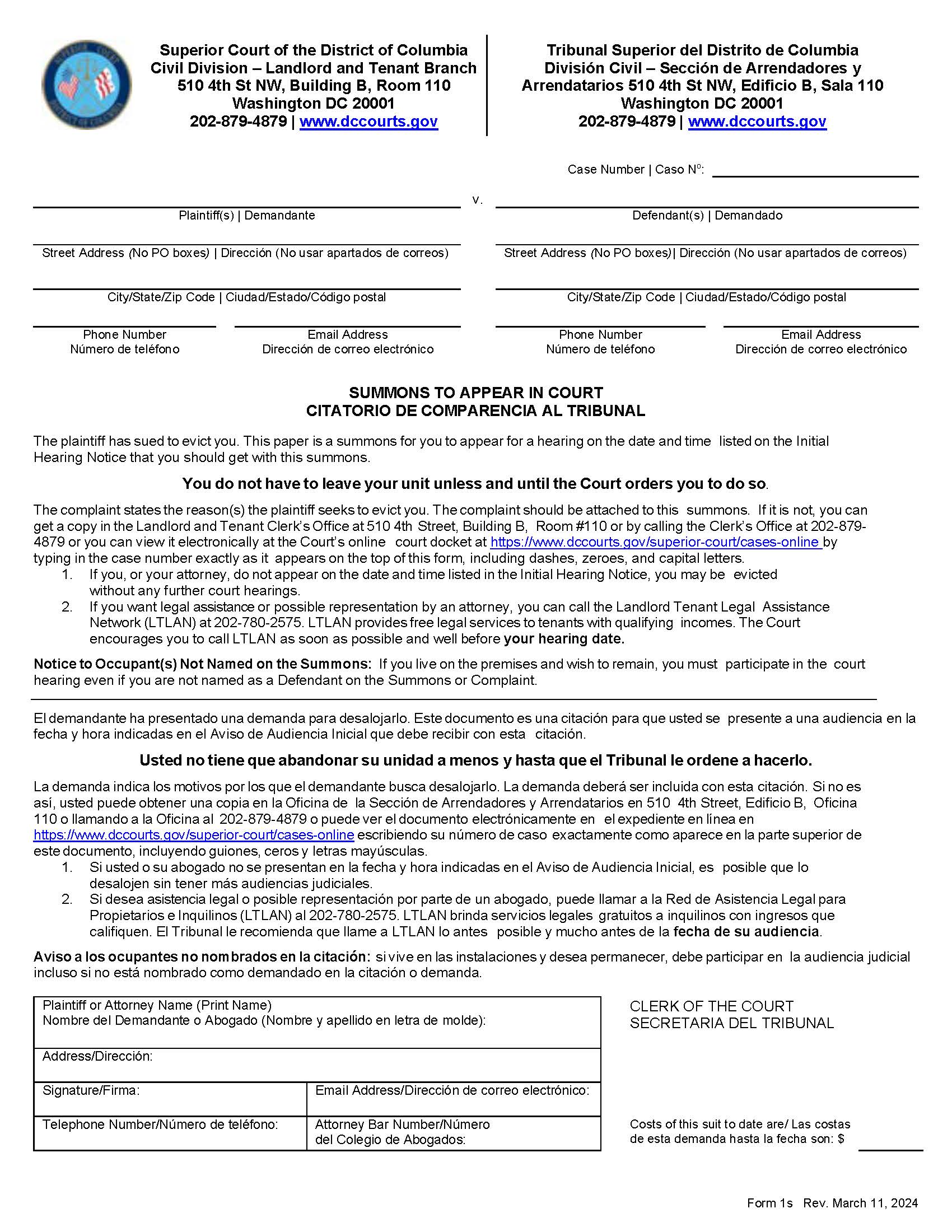 Summons To Appear In Court And Notice Of Hearing {1S} | Pdf Fpdf Doc Docx | District Of Columbia