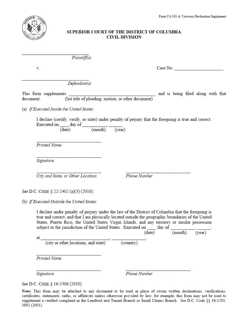 Unsworn Declaration Supplement {CA 101-A} | Pdf Fpdf Docx | District Of Columbia