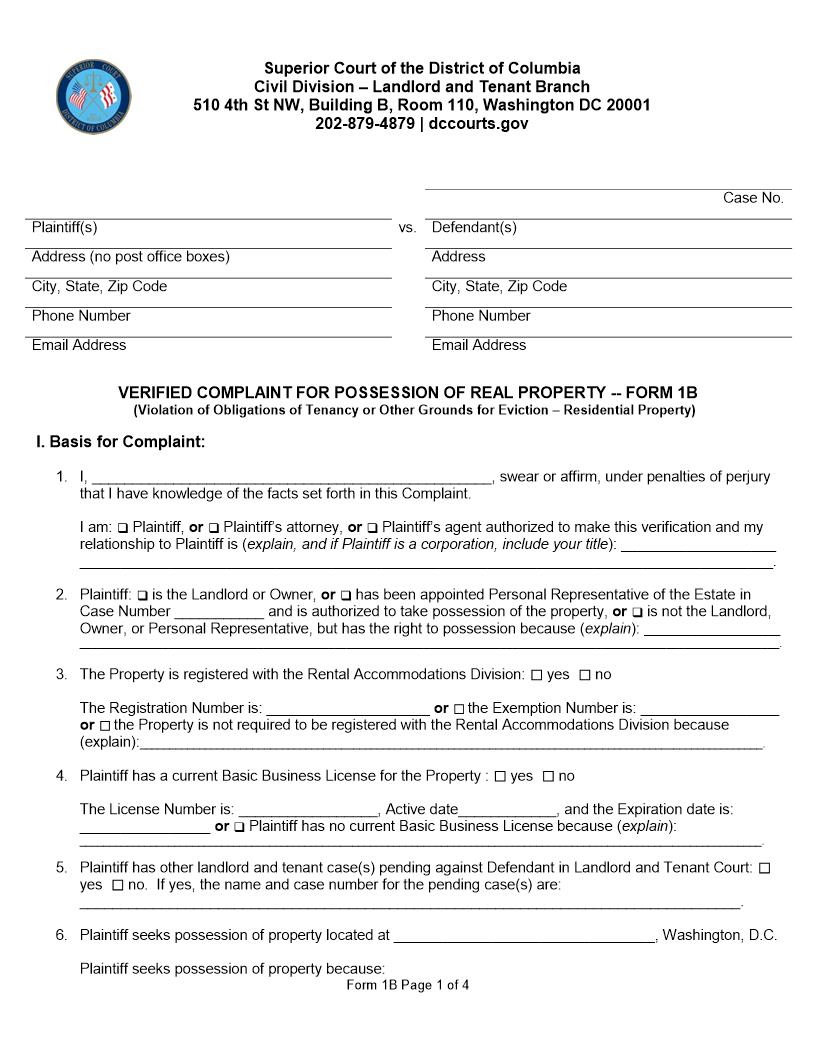 Verifiied Complaint For Possession Of Real Property {1B} | Pdf Fpdf Docx | District Of Columbia