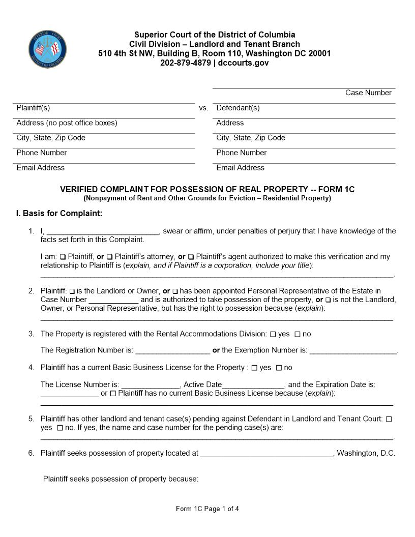 Verifiied Complaint For Possession Of Real Property {1C} | Pdf Fpdf Docx | District Of Columbia