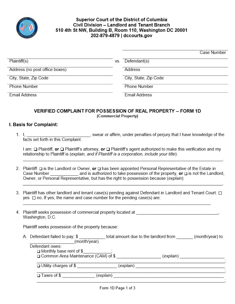 Verifiied Complaint For Possession Of Real Property {1D} | Pdf Fpdf Docx | District Of Columbia