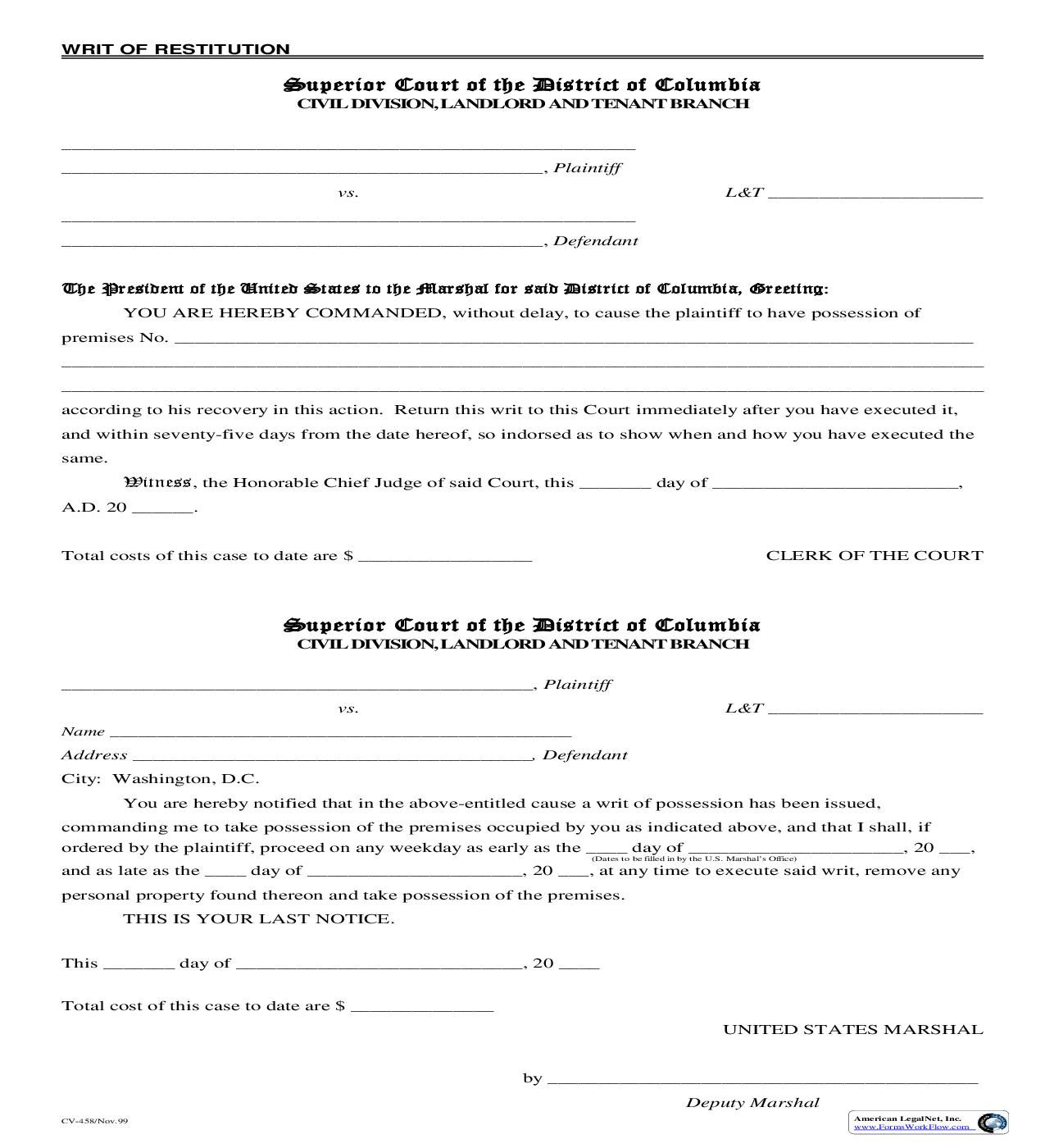 Writ Of Restitution | Pdf Fpdf Doc Docx | District Of Columbia