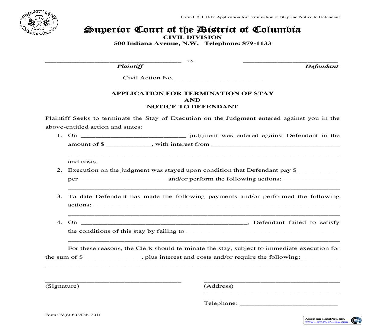 Application For Termination Of Stay And Notice To Defendant {CA 110-B} | Pdf Fpdf Doc Docx | District Of Columbia