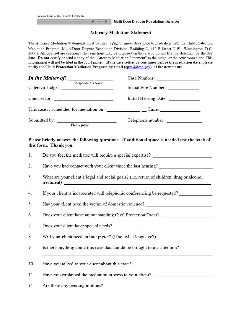 Attorney Mediation Statement  Child Protection | Pdf Fpdf Docx | District Of Columbia