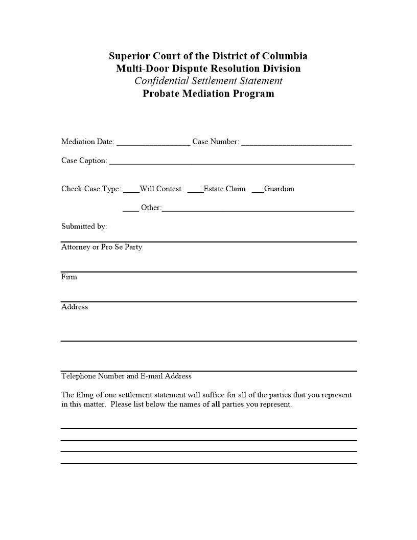 Confidential Settlement Statement Probate Mediation Program | Pdf Fpdf Docx | District Of Columbia