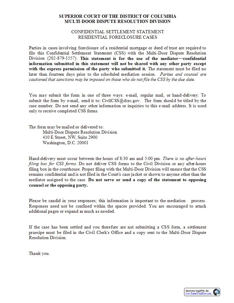 Confidential Settlement Statement Residential Foreclosure Cases | Pdf Fpdf Docx | District Of Columbia