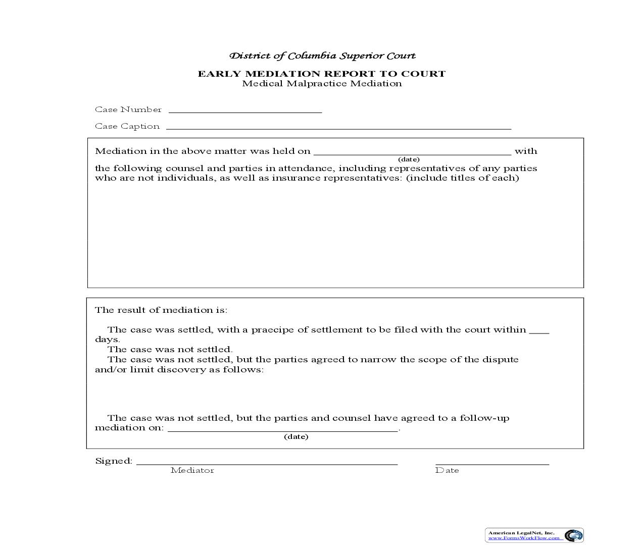 Early Mediation Report To Court | Pdf Fpdf Doc Docx | District Of Columbia