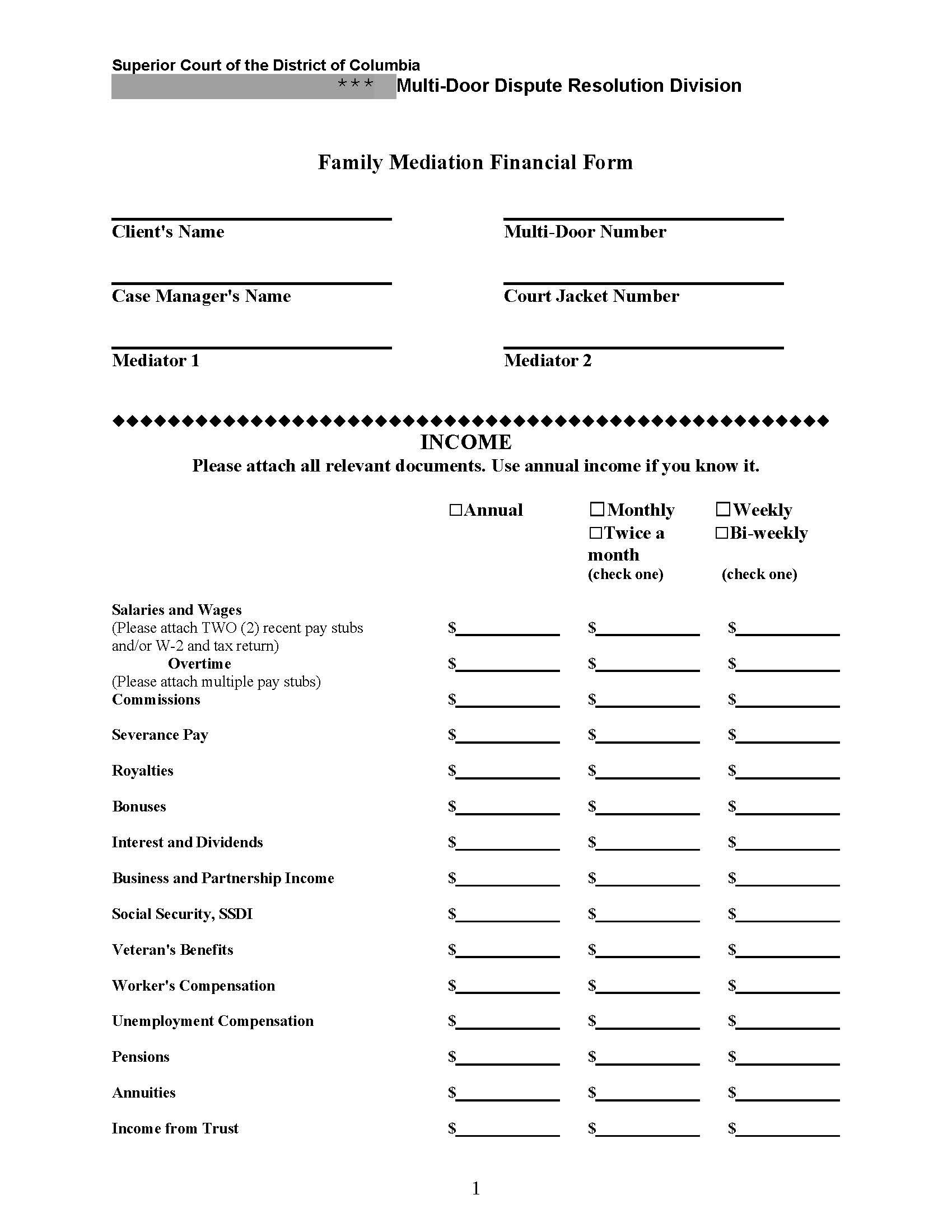 Family Mediation Financial Form | Pdf Fpdf Doc Docx | District Of Columbia