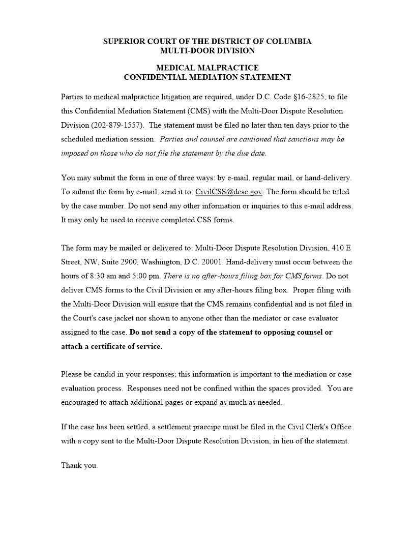 Medical Malpractice Confidential Mediation Statement | Pdf Fpdf Docx | District Of Columbia