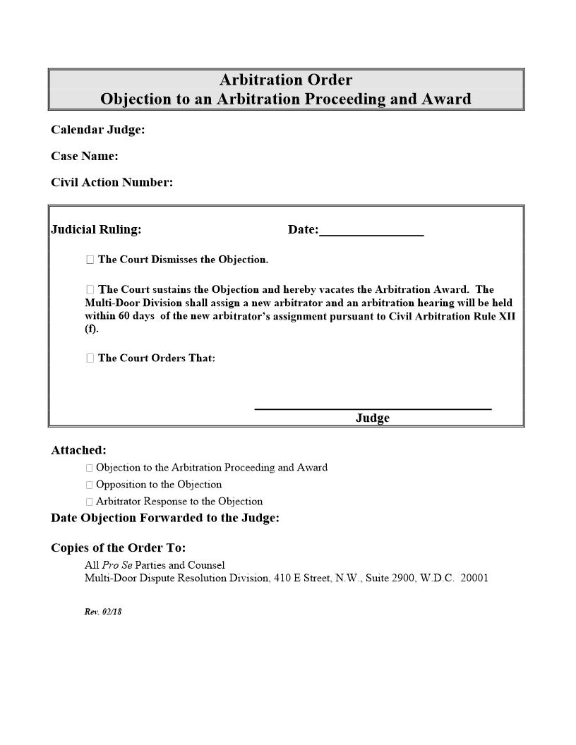 Objection To An Arbitration Proceeding And Award | Pdf Fpdf Docx | District Of Columbia